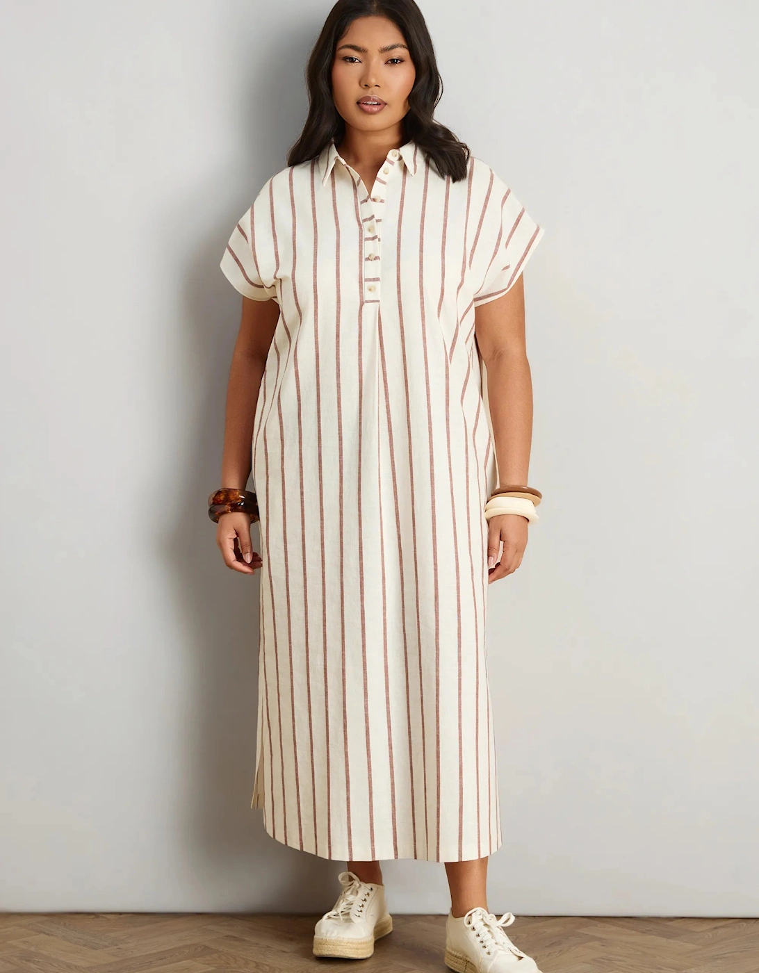 Oatmeal Stripe Linen Blend Button Front Midaxi Shirt Dress, 5 of 4
