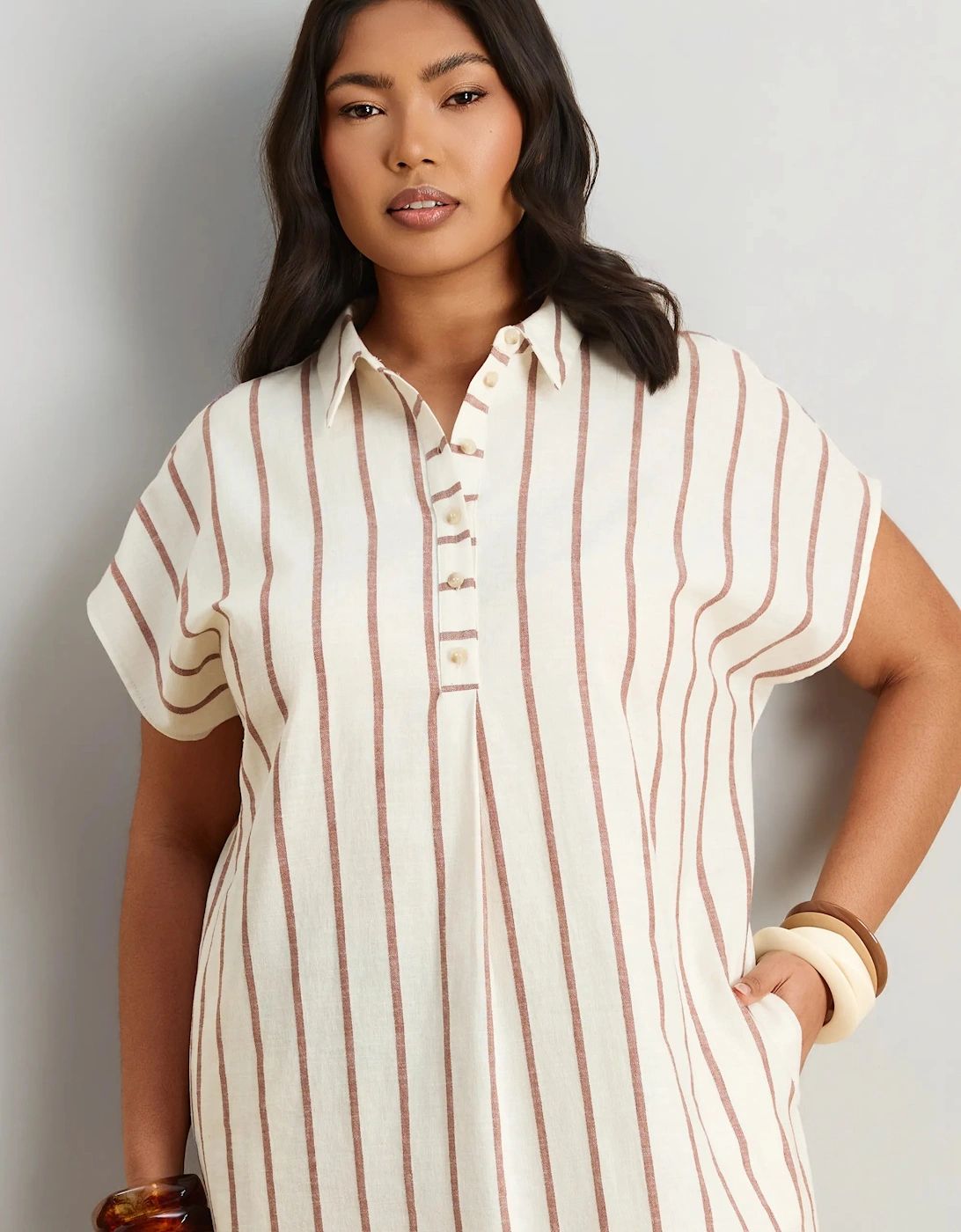 Oatmeal Stripe Linen Blend Button Front Midaxi Shirt Dress