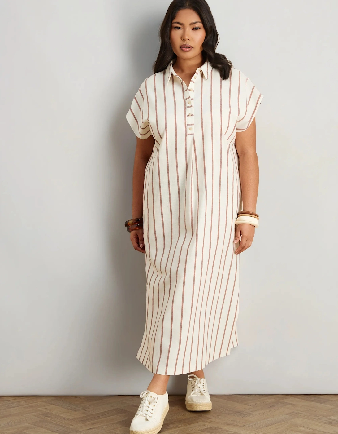 Oatmeal Stripe Linen Blend Button Front Midaxi Shirt Dress