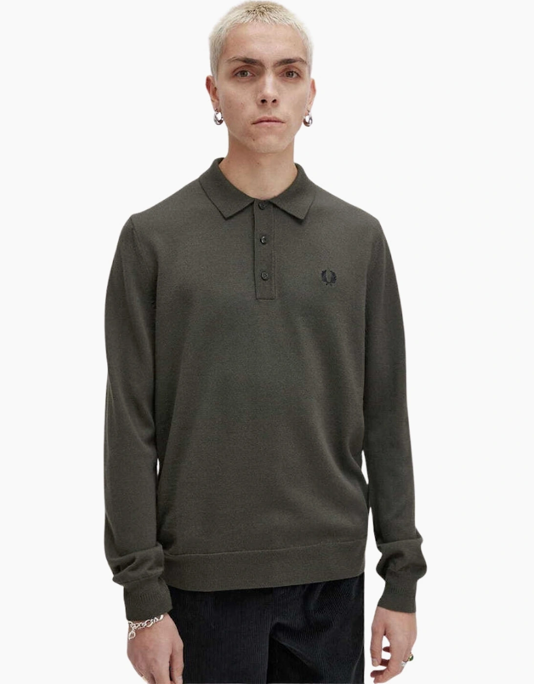 Fred Perry Plain Field Green Long Sleeve Knitted Polo