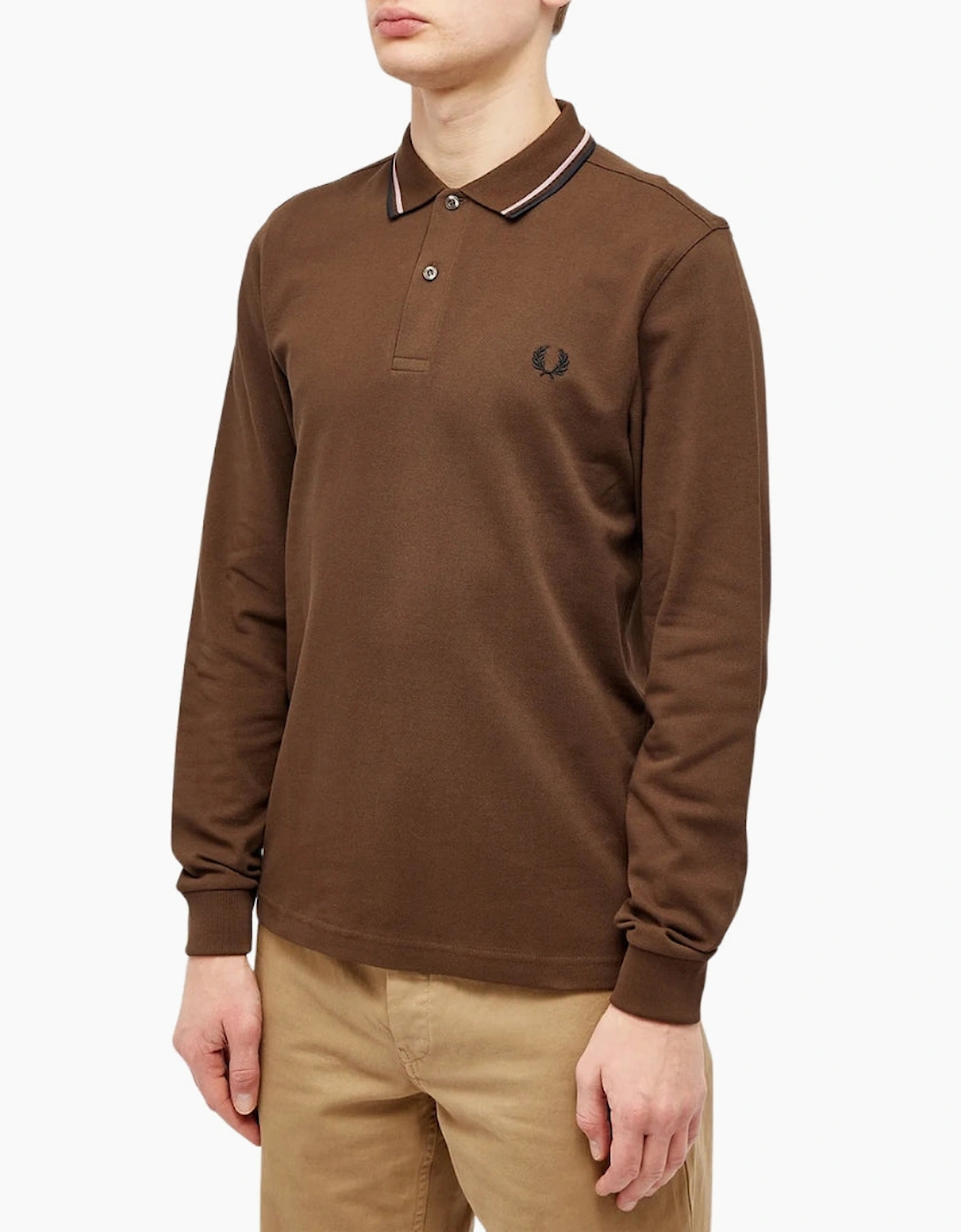 Fred Perry Black Twin Tipped Collar Burnt Tobacco Long Sleeve Polo Shirt