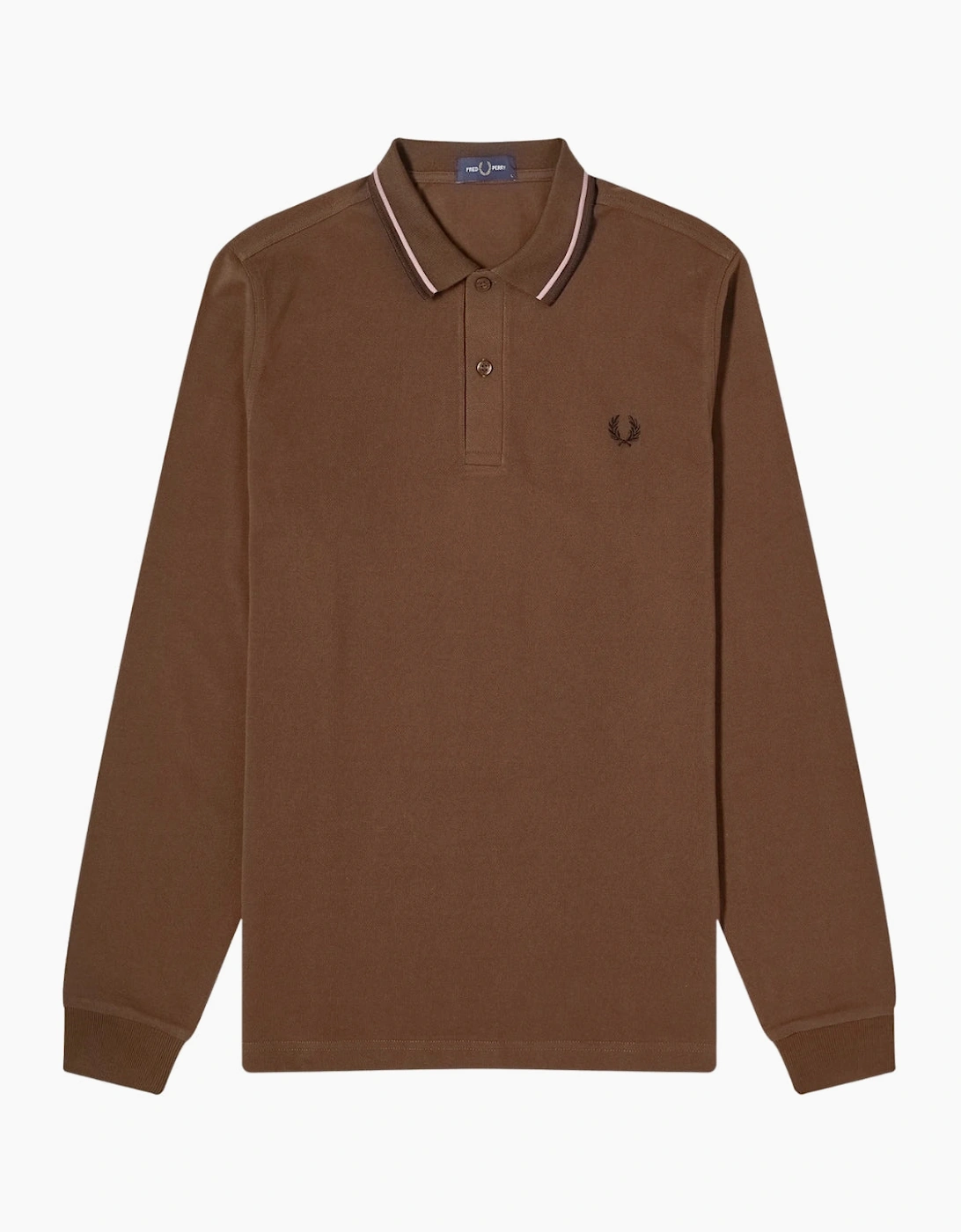 Fred Perry Black Twin Tipped Collar Burnt Tobacco Long Sleeve Polo Shirt, 6 of 5