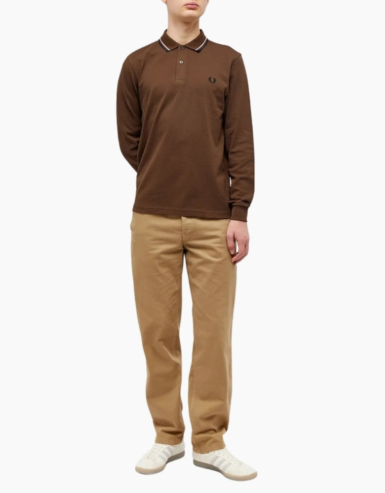 Fred Perry Black Twin Tipped Collar Burnt Tobacco Long Sleeve Polo Shirt