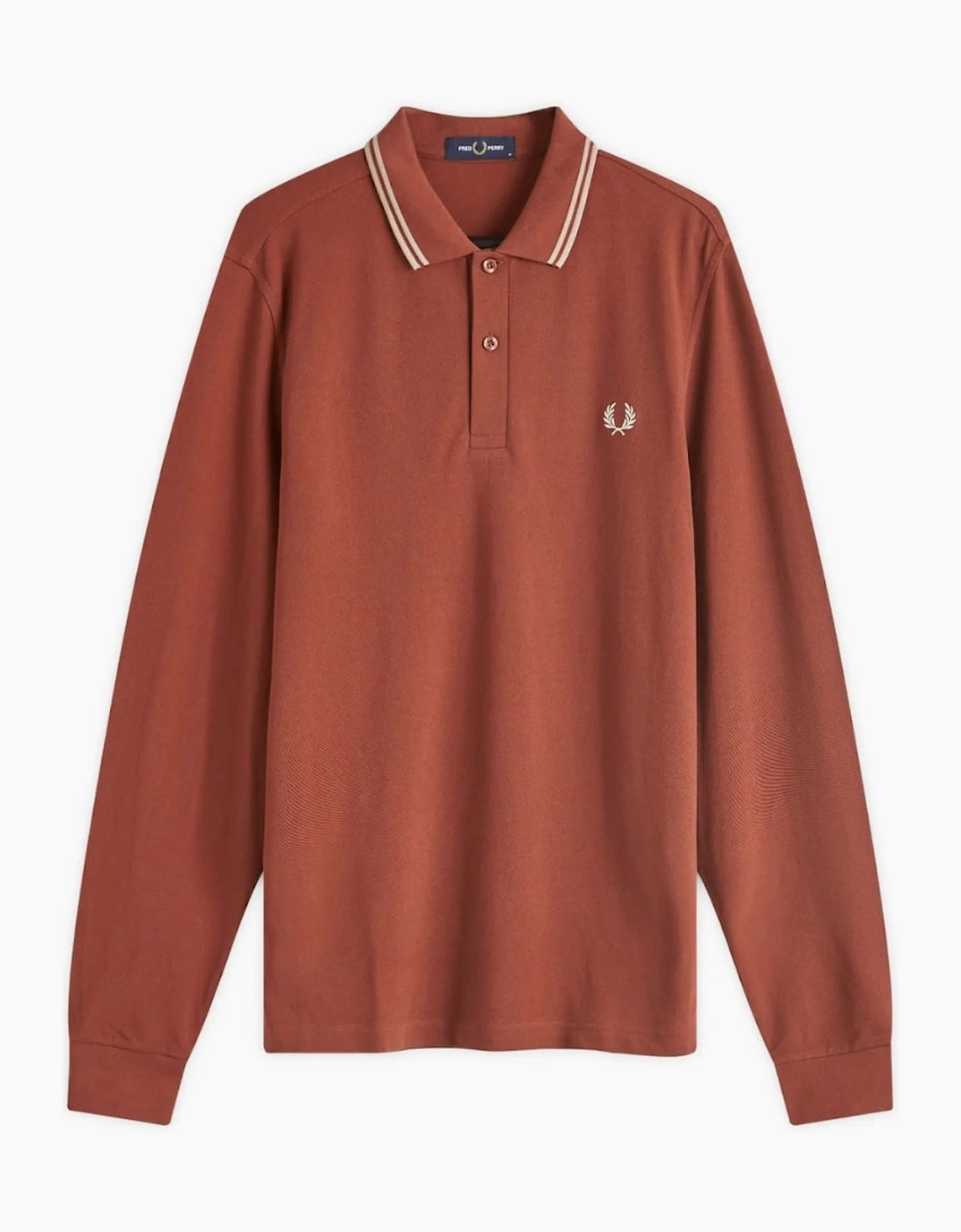 Fred Perry Black Twin Tipped Collar Whisky Brown Long Sleeve Polo Shirt, 6 of 5