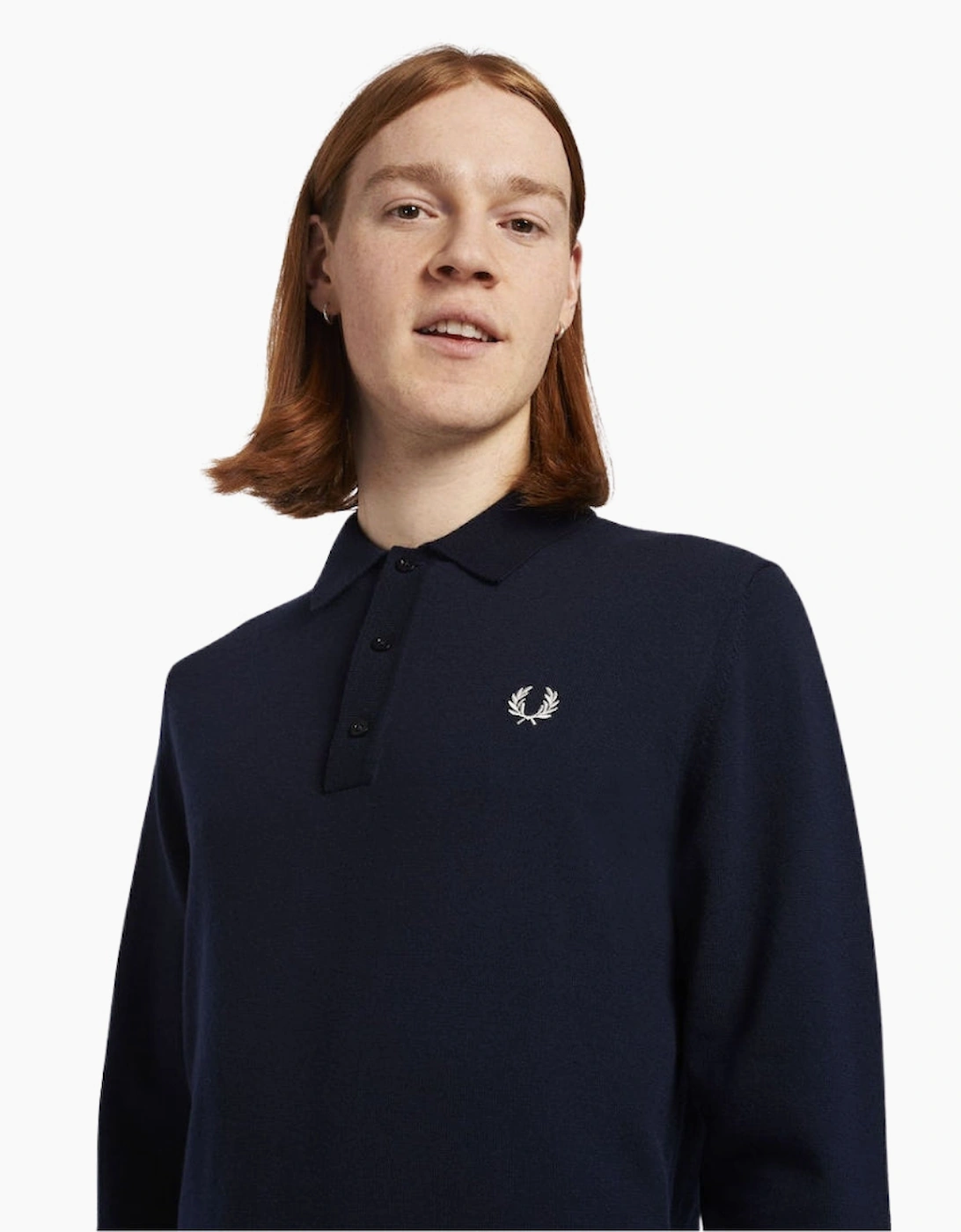 Fred Perry Classic Knitted Long Sleeve Navy Polo Shirt