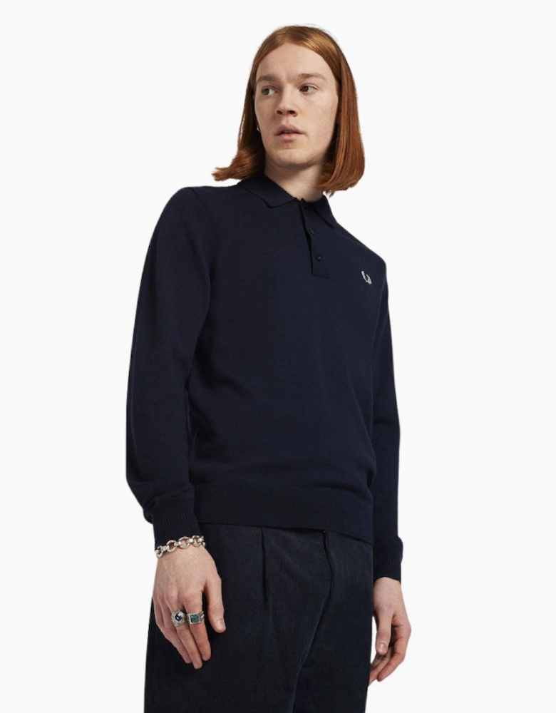 Fred Perry Classic Knitted Long Sleeve Navy Polo Shirt