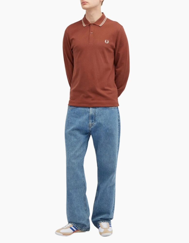 Fred Perry Black Twin Tipped Collar Whisky Brown Long Sleeve Polo Shirt