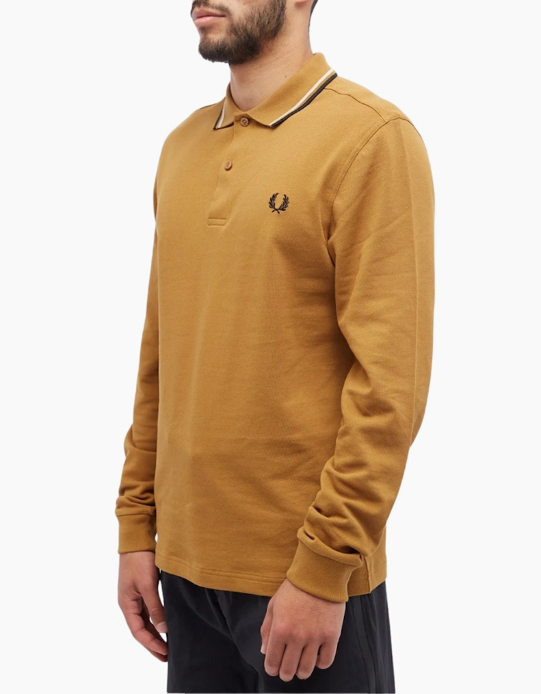 Fred Perry Black Twin Tipped Collar Dark Caramel Long Sleeve Polo Shirt