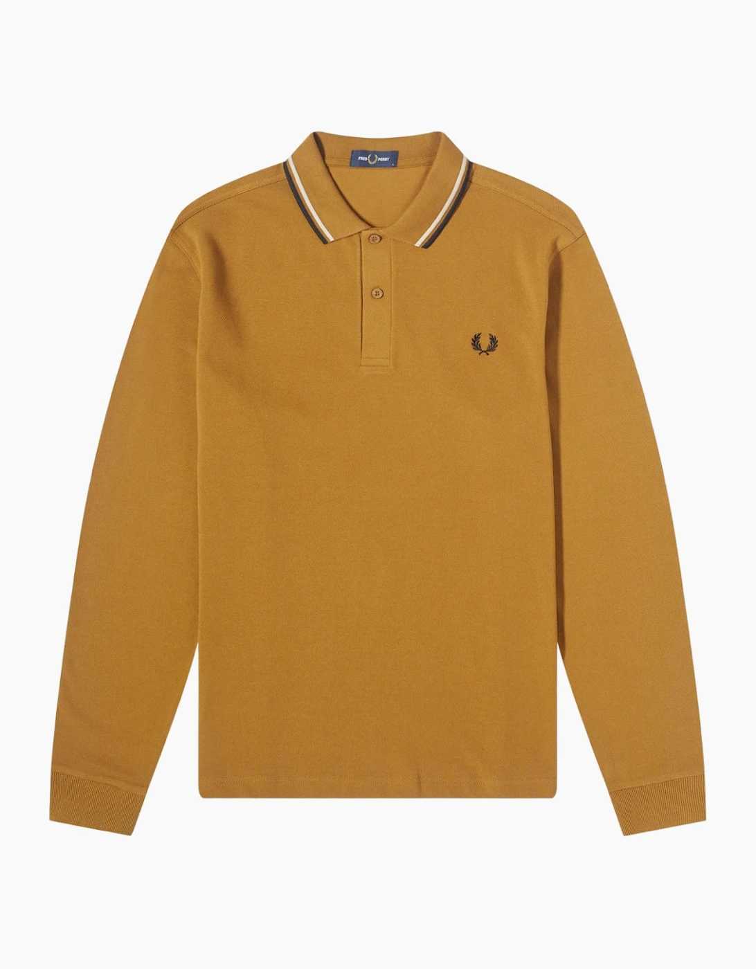 Fred Perry Black Twin Tipped Collar Dark Caramel Long Sleeve Polo Shirt, 6 of 5