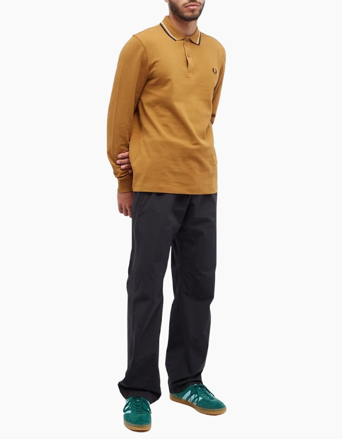 Fred Perry Black Twin Tipped Collar Dark Caramel Long Sleeve Polo Shirt