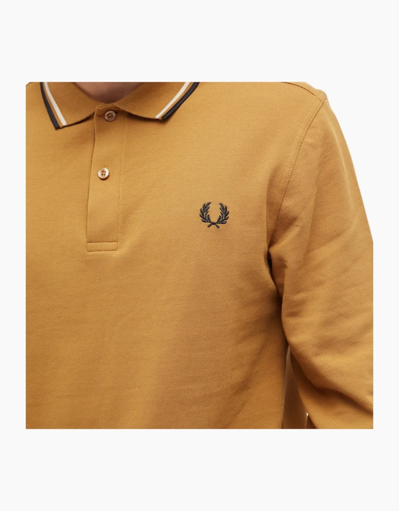 Fred Perry Black Twin Tipped Collar Dark Caramel Long Sleeve Polo Shirt