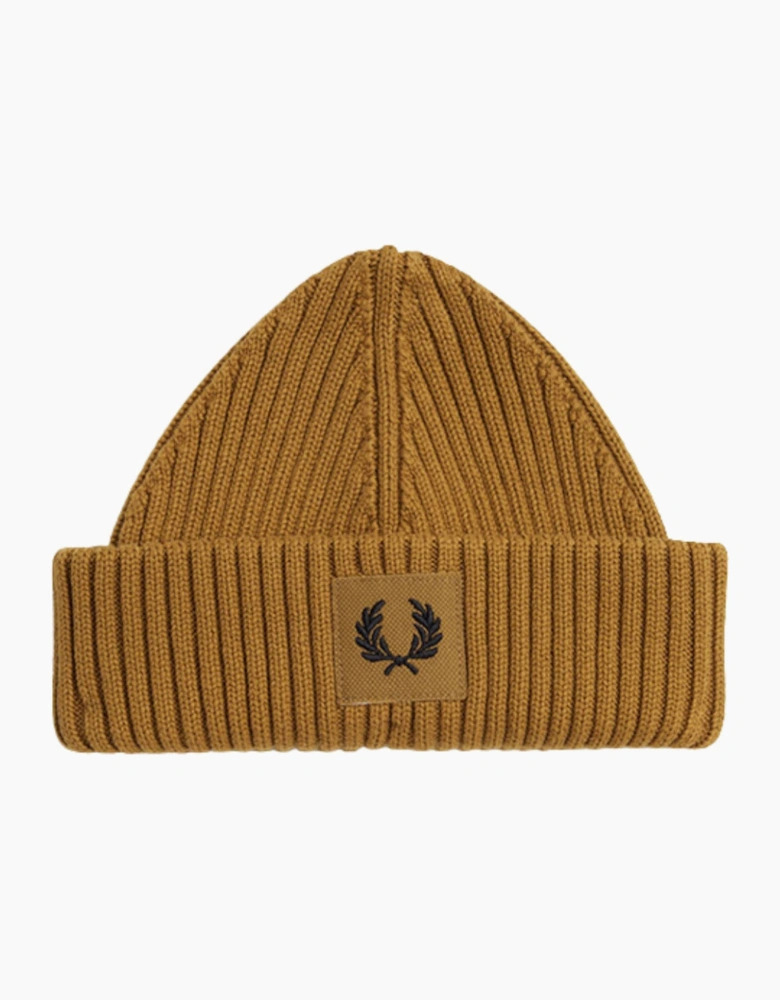 Fred Perry Branded Patch Dark Caramel Ribbed Beanie
