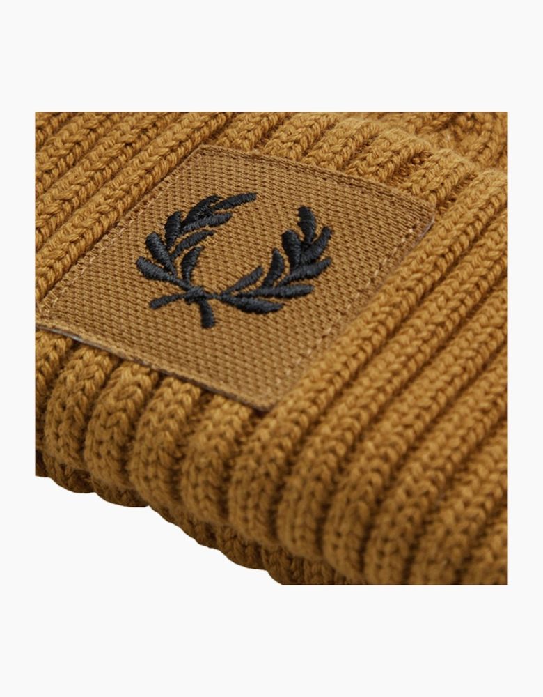 Fred Perry Branded Patch Dark Caramel Ribbed Beanie