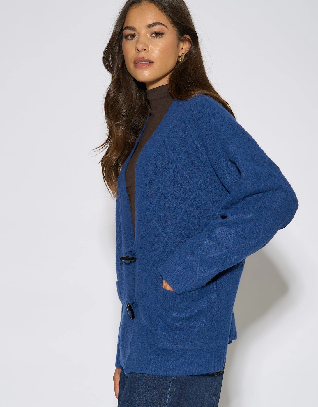 Blue Textured Button Detail Long Sleeves Cardigan