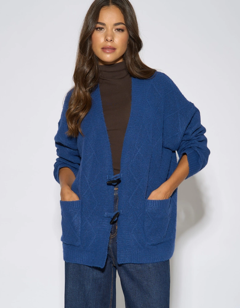 Blue Textured Button Detail Long Sleeves Cardigan