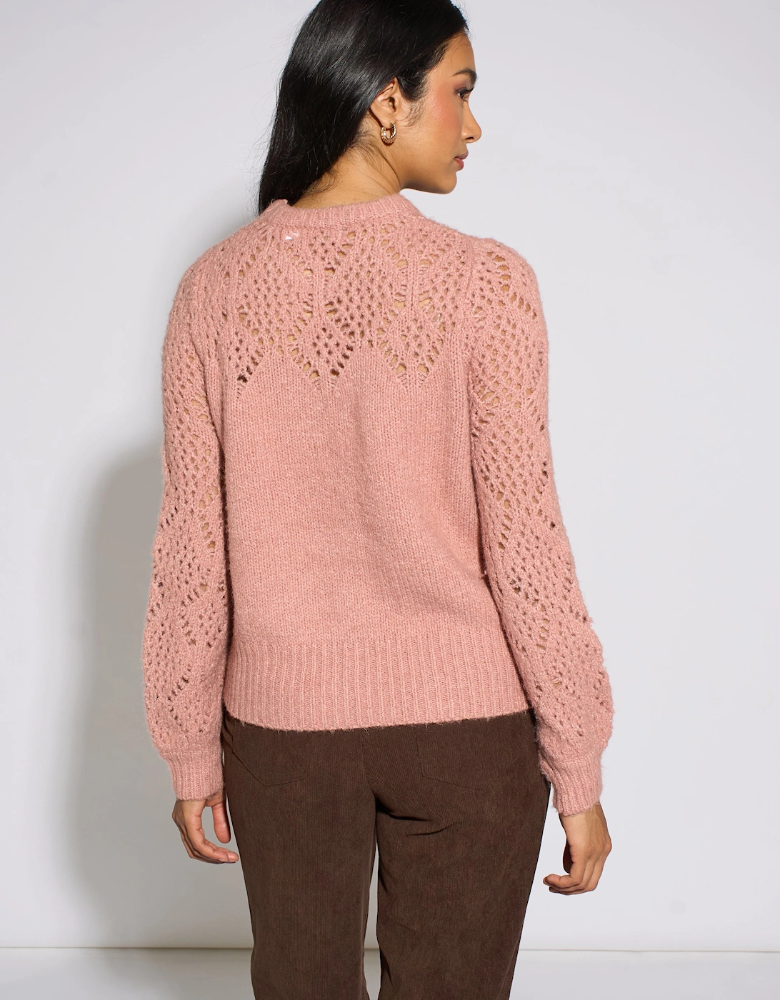 Pink Crochet Yoke Long Sleeve Jumper