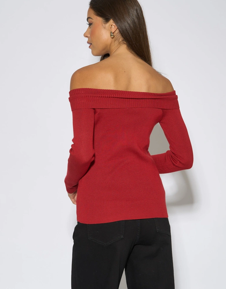 Red Bardot Gold Button Detail Top