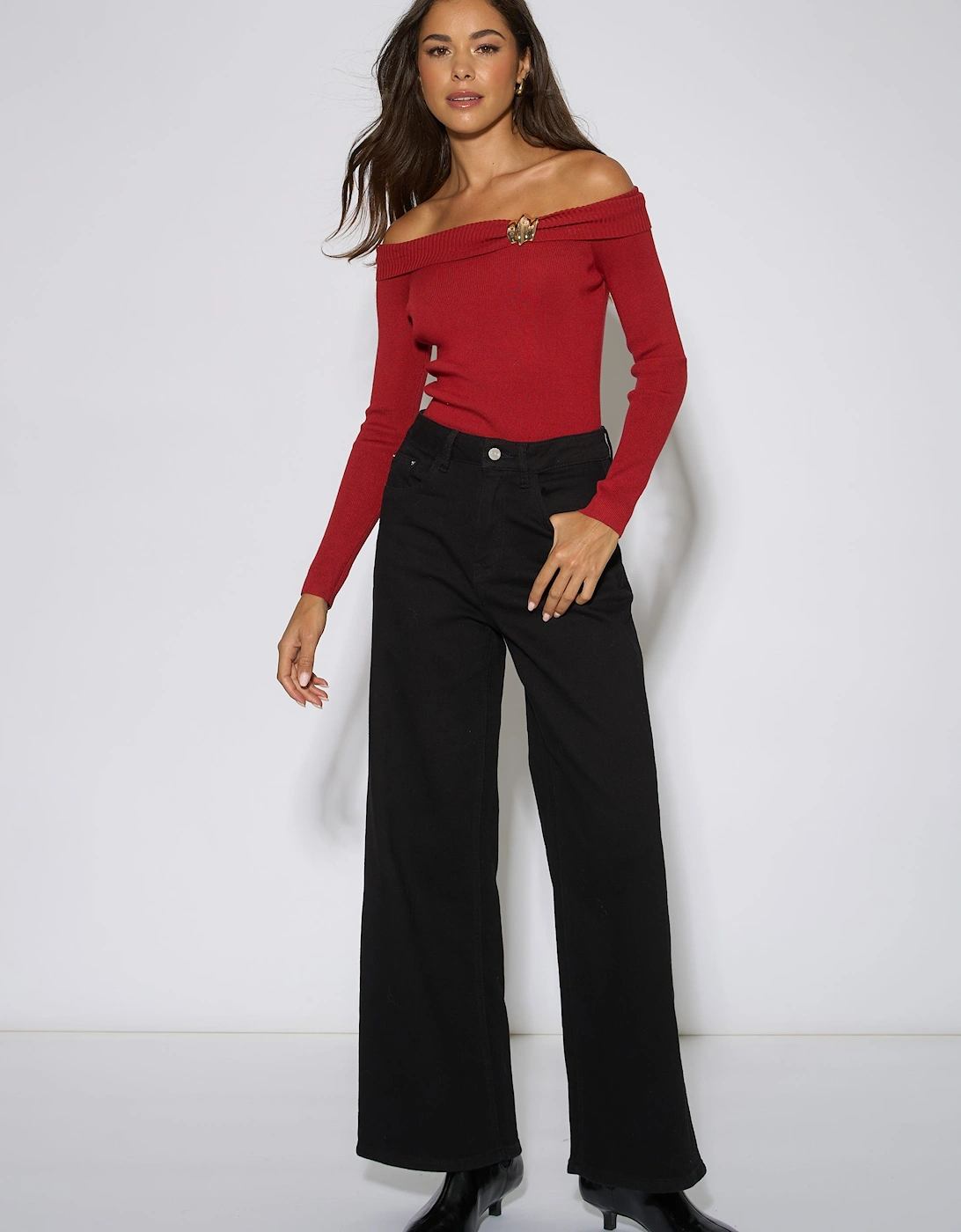 Red Bardot Gold Button Detail Top