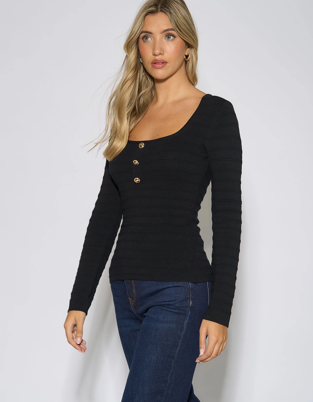 Black Square Neck Gold Button Ribbed Top
