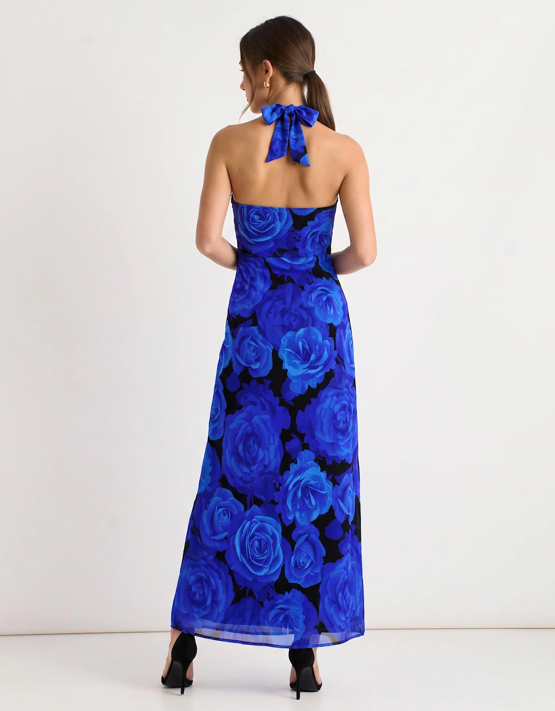 Blue Floral Occasion Halter Maxi Dress
