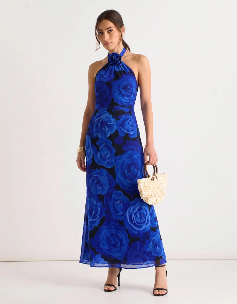 Blue Floral Occasion Halter Maxi Dress