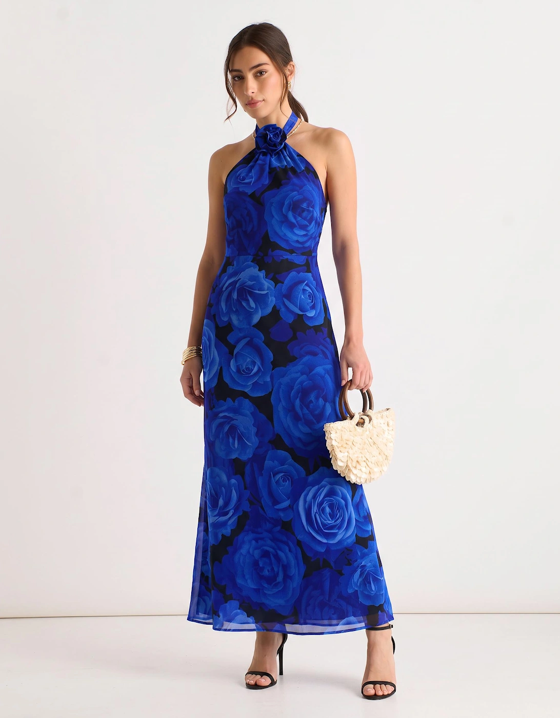 Blue Floral Occasion Halter Maxi Dress