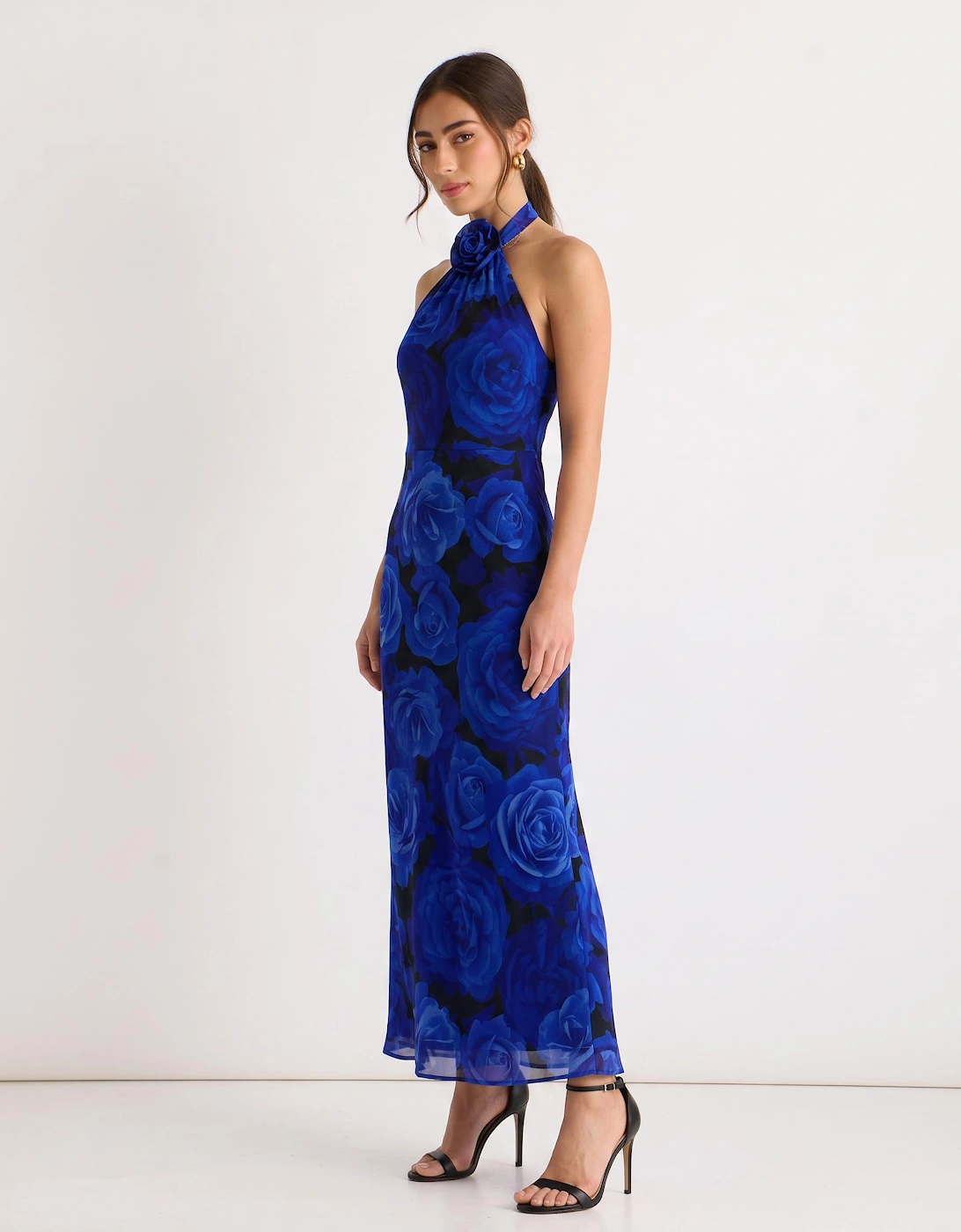 Blue Floral Occasion Halter Maxi Dress