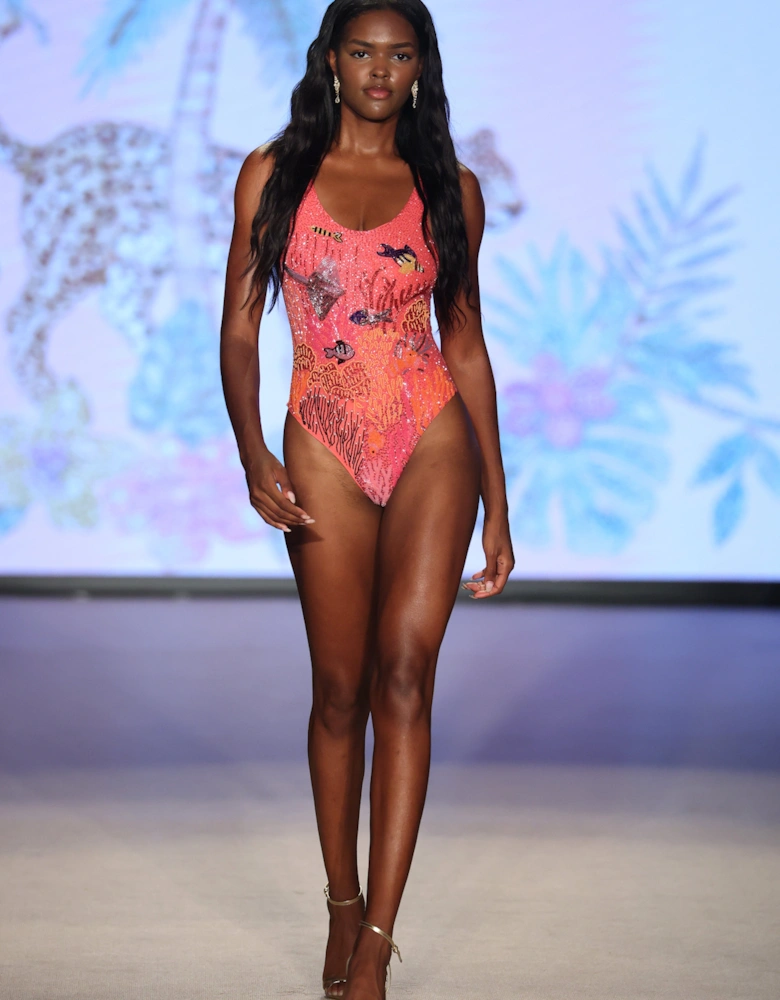 Pink Coastal Fish Beaded Swimsuit in Stock