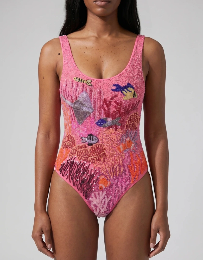 Pink Coastal Fish Beaded Swimsuit in Stock