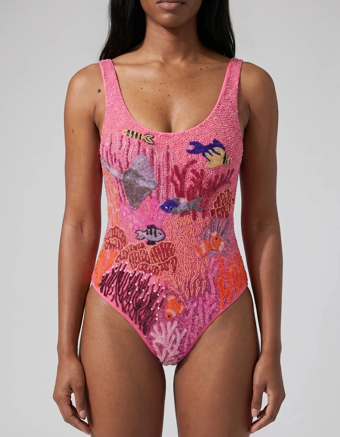 Pink Coastal Fish Beaded Swimsuit in Stock
