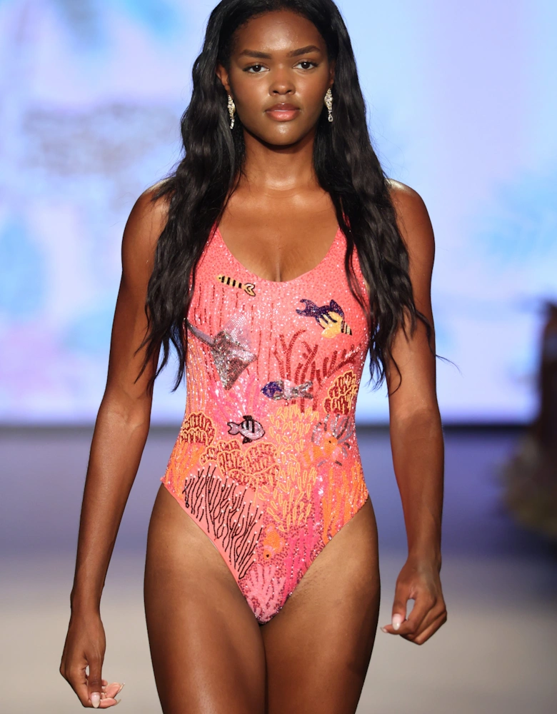 Pink Coastal Fish Beaded Swimsuit in Stock