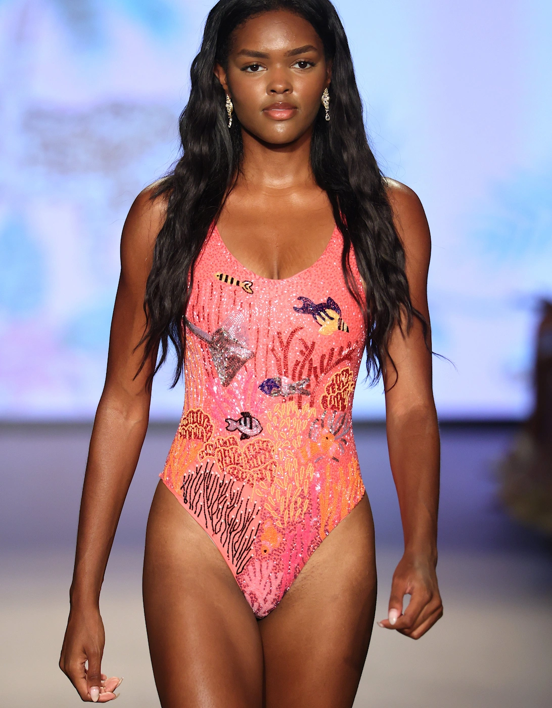 Pink Coastal Fish Beaded Swimsuit in Stock