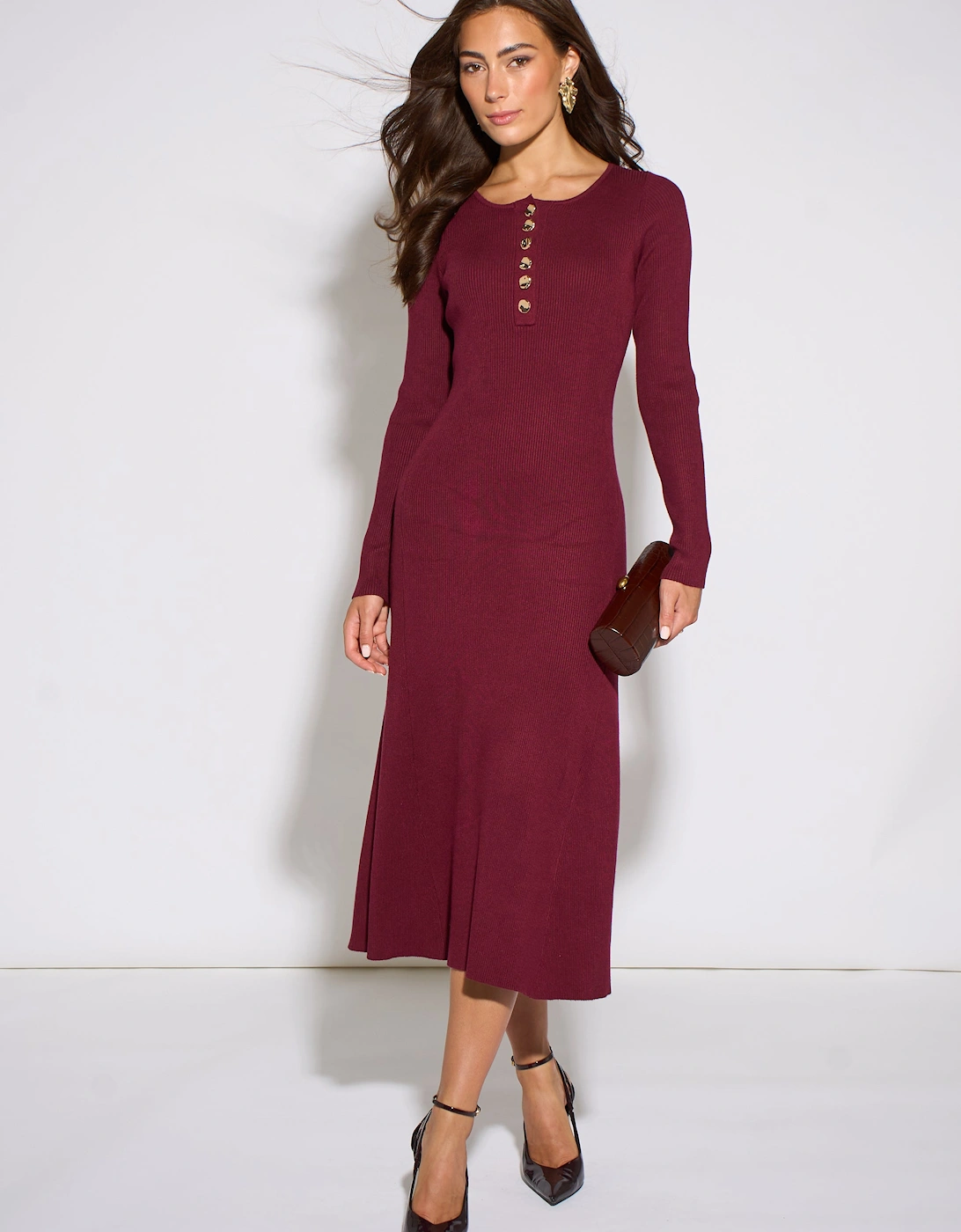 Gini London Women's Red/Red Mulberry Ls Gold Button Midi Dress - Size 8/10