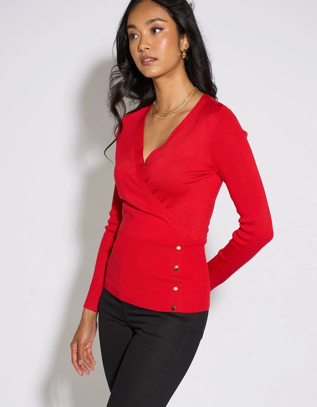Red LS Wrap Front Gold Button Top