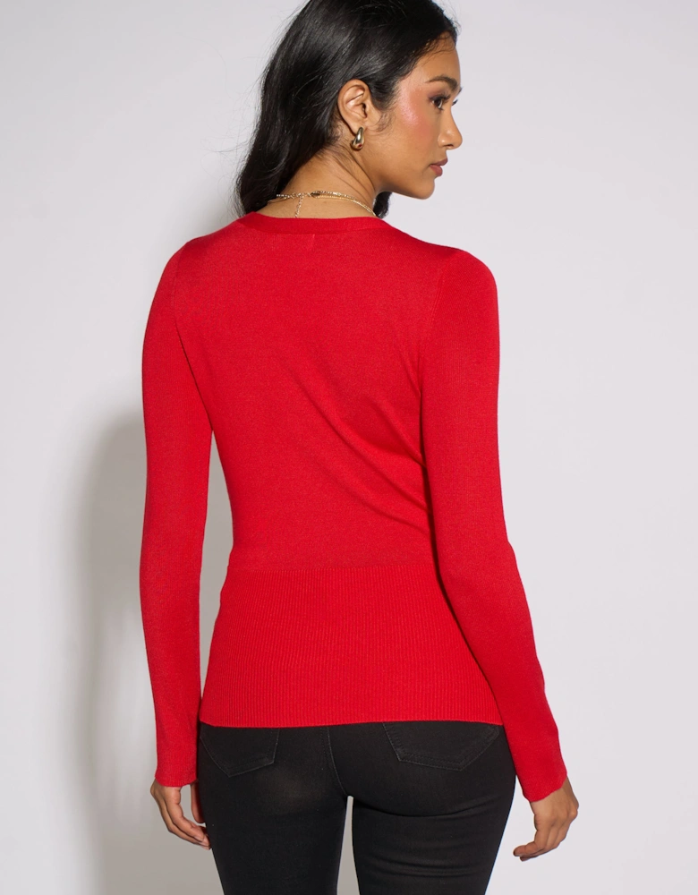 Red LS Wrap Front Gold Button Top