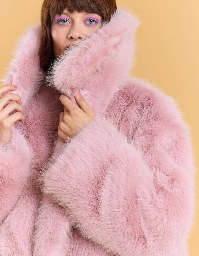 Pink Bamboo Blend Faux Fur Coat