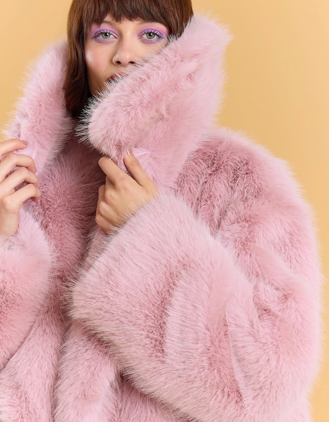 Pink Bamboo Blend Faux Fur Coat