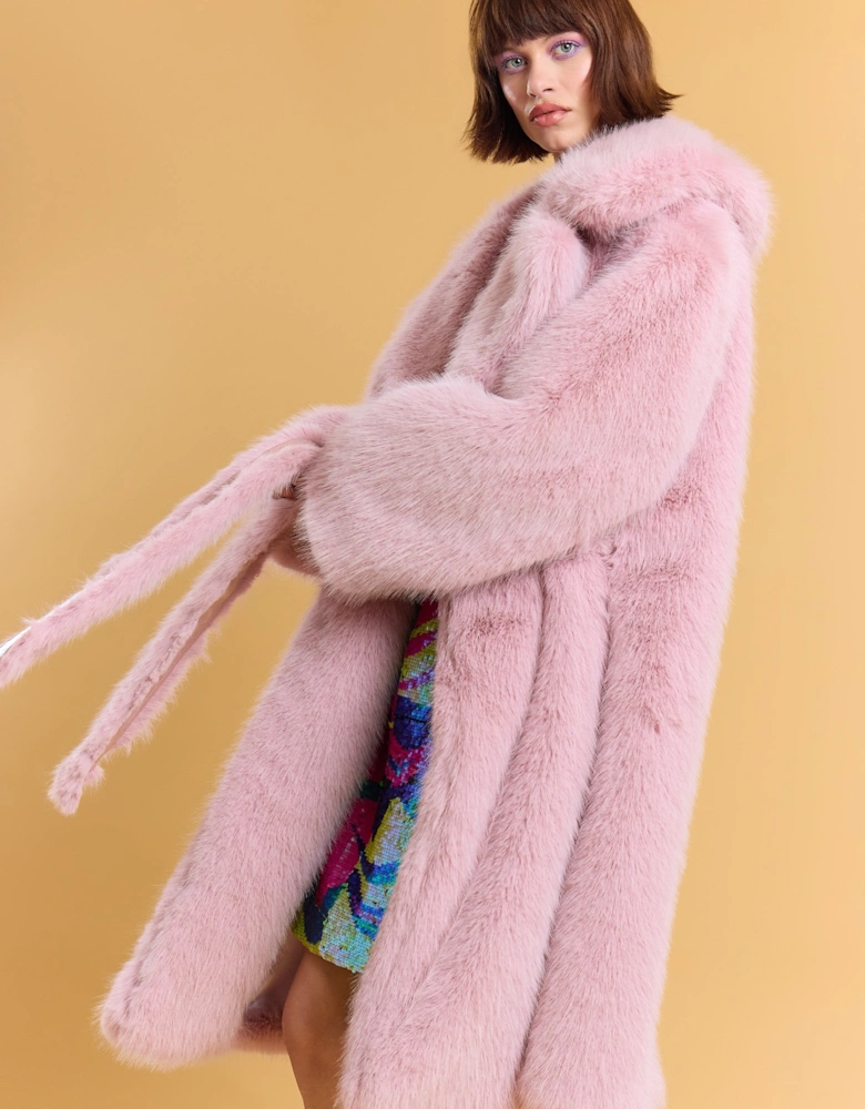 Pink Bamboo Blend Faux Fur Coat