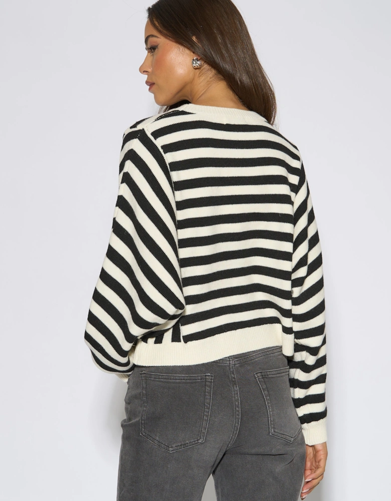 White Recycle Mix Contrast Stripe Loose Fit Knit Jumper