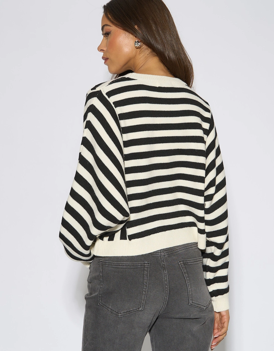 White Recycle Mix Contrast Stripe Loose Fit Knit Jumper