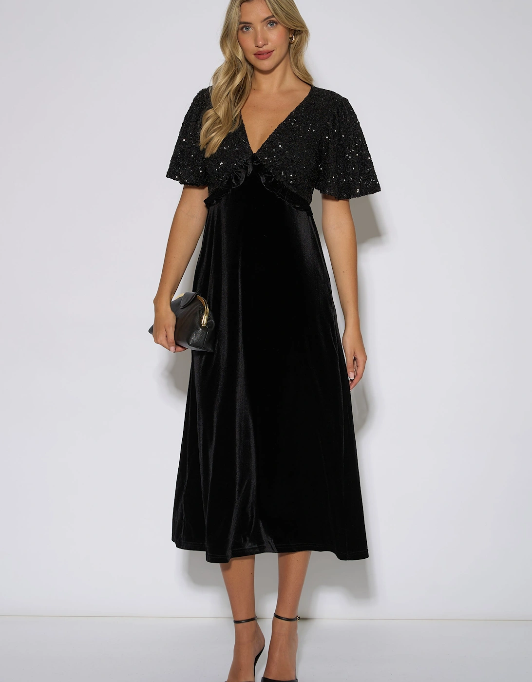 Gini London Women's Black Sequin Top Premium Velvet Occasion Midi Dress - Size 12