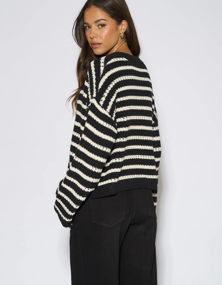 Black Stripe Cable Knit Crop Cardigan