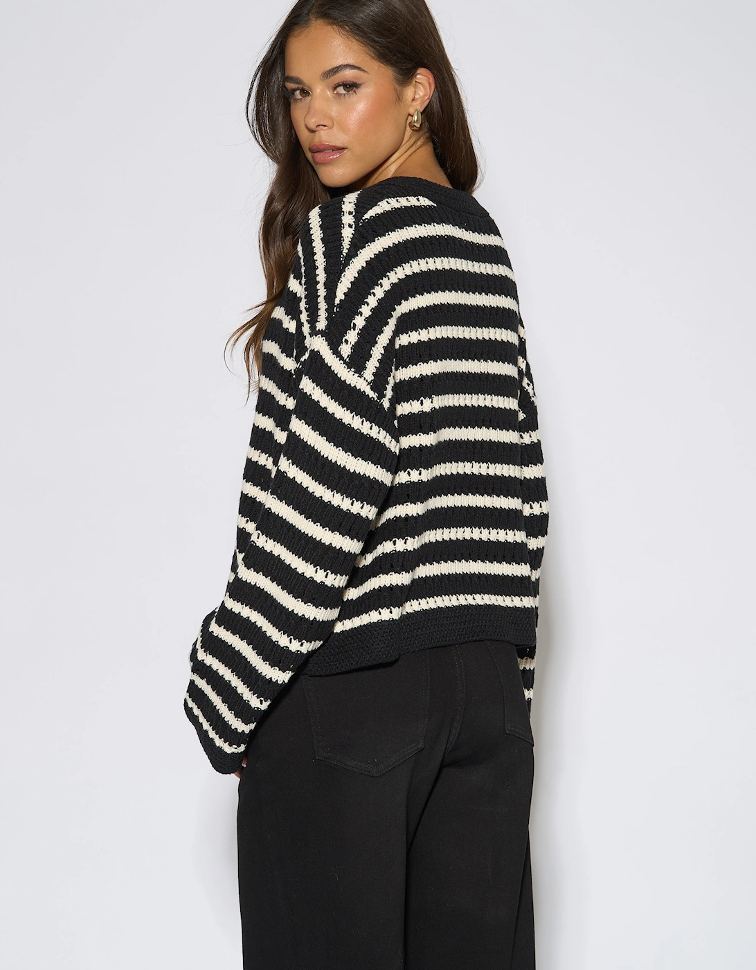Black Stripe Cable Knit Crop Cardigan