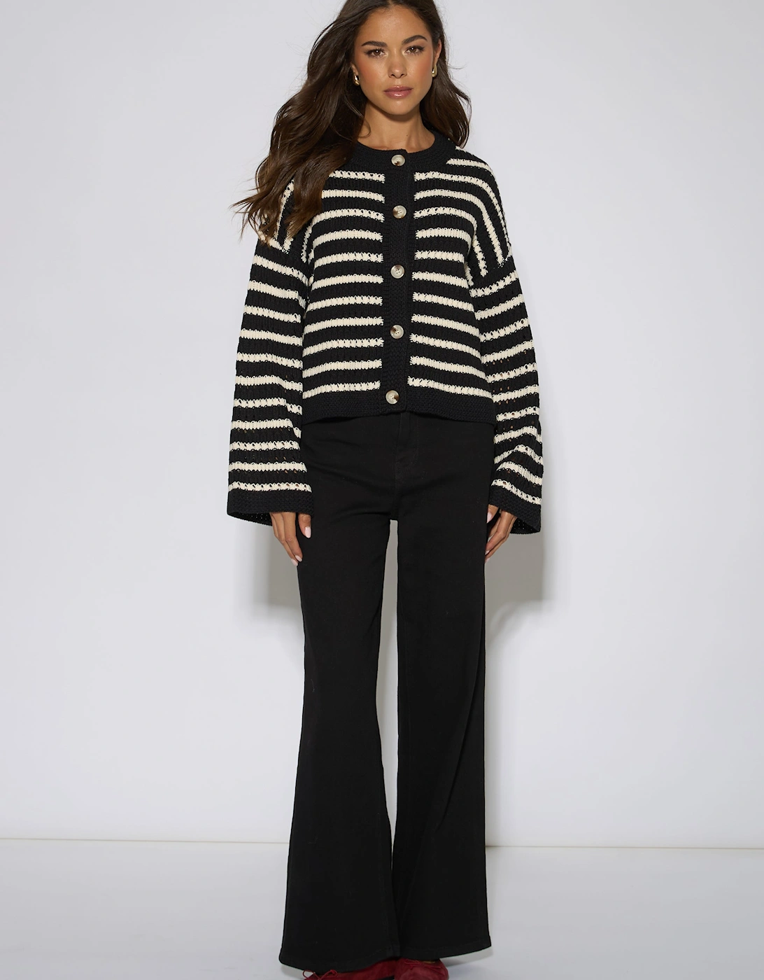 Black Stripe Cable Knit Crop Cardigan