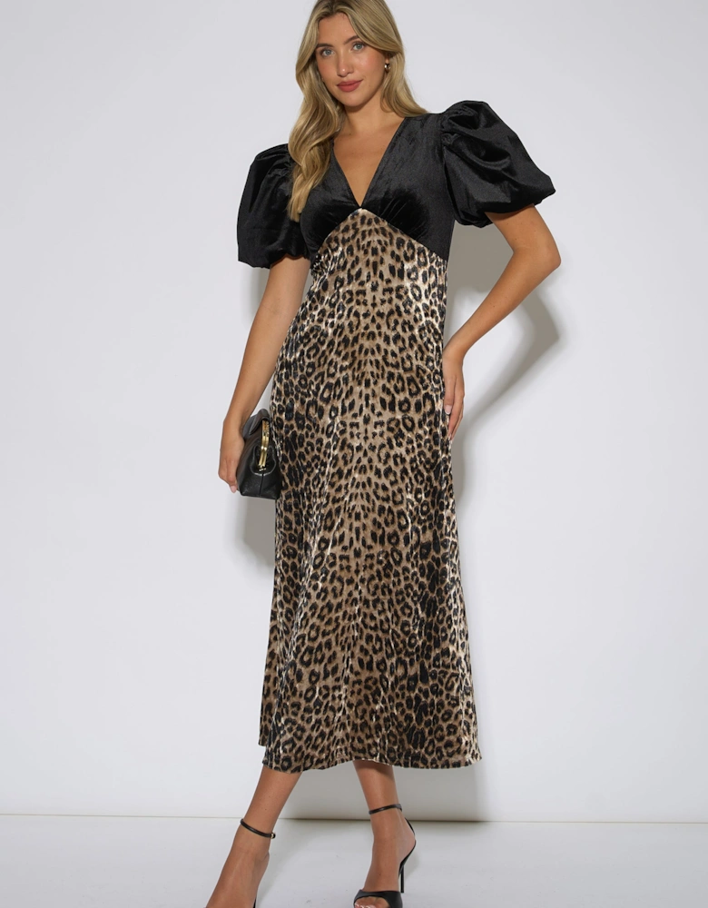 Black Animal Velvet Contrast Top Occasion Midi Dress