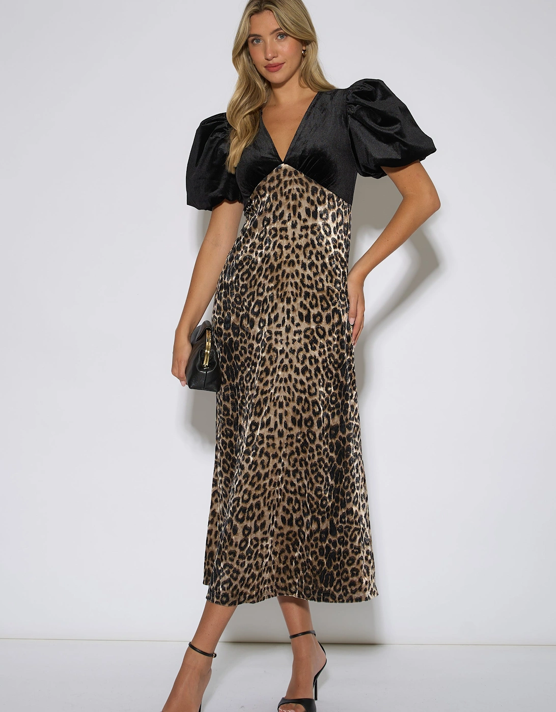 Gini London Women's Black Animal Velvet Contrast Top Occasion Midi Dress - Size 8
