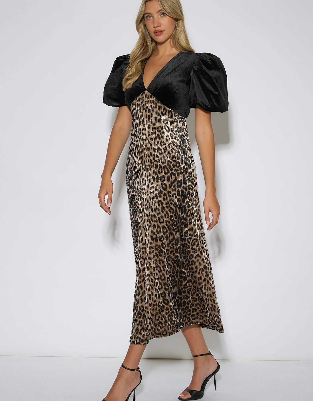 Black Animal Velvet Contrast Top Occasion Midi Dress