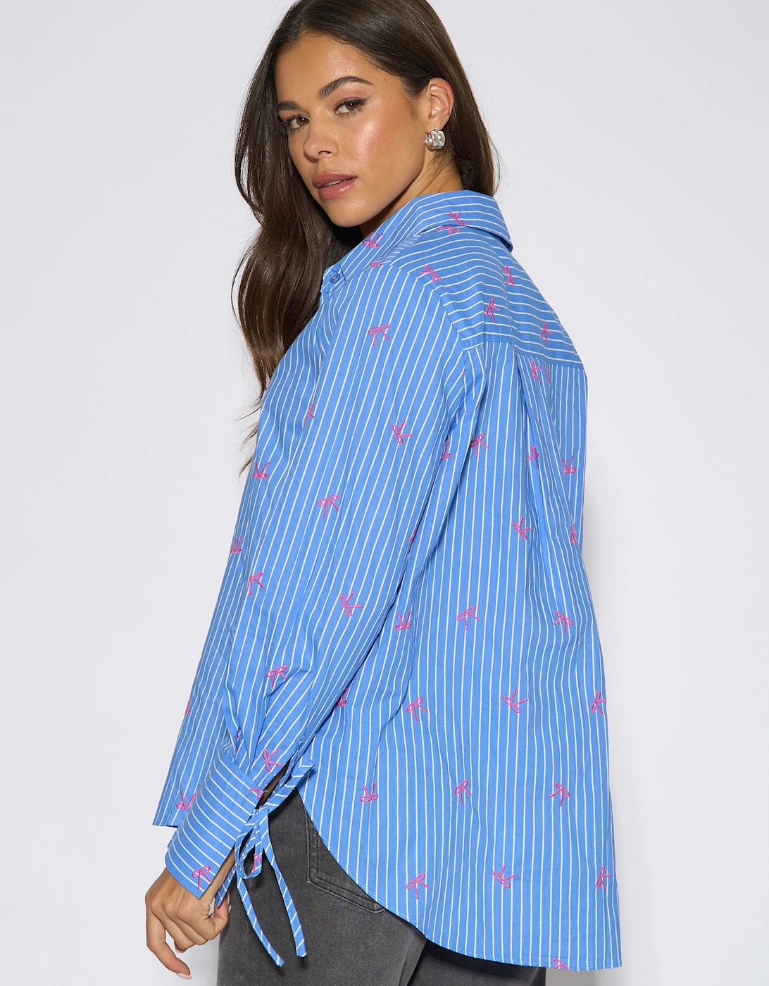 Blue Bow Embroidered Extreme Cuff Stripe Shirt