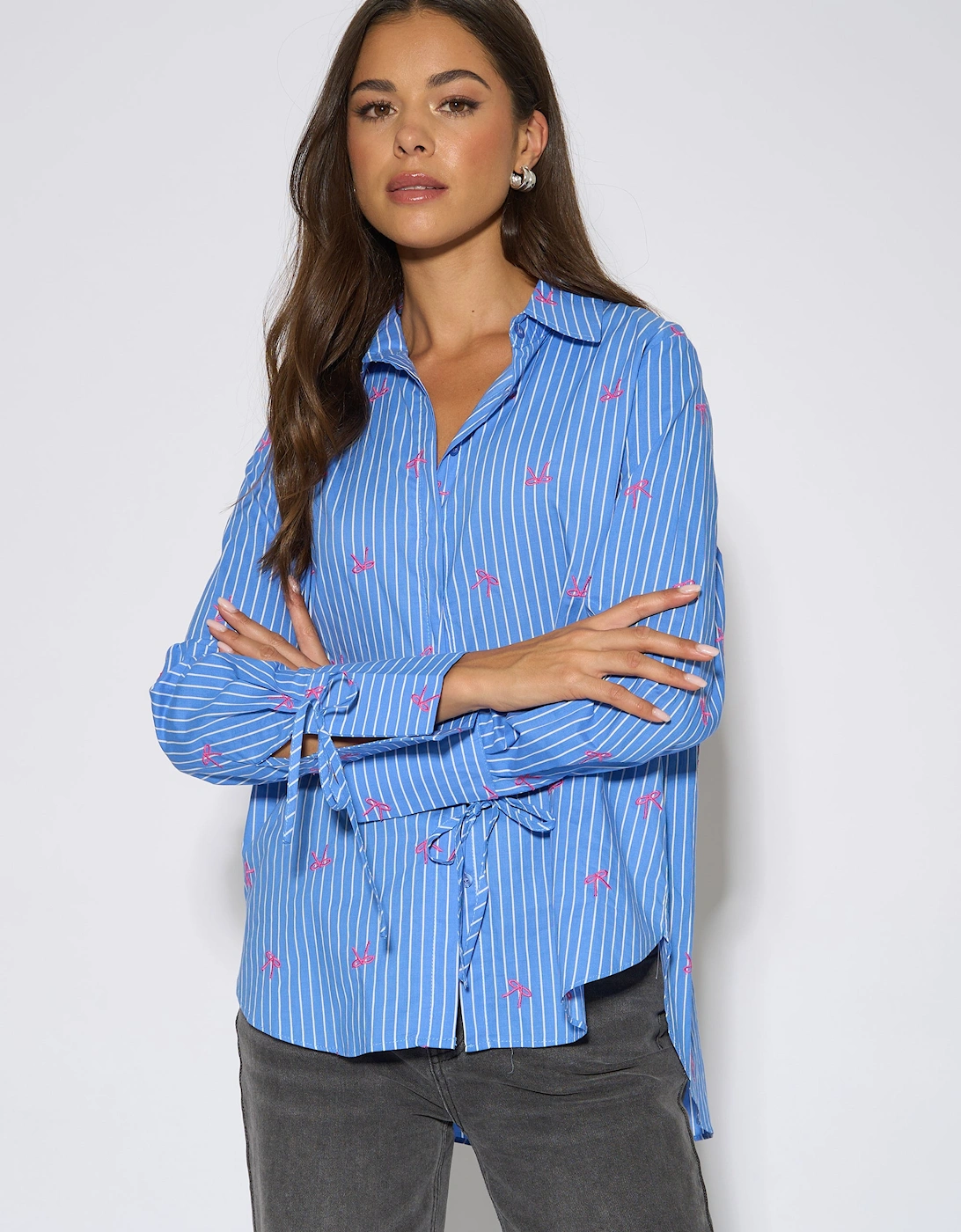 Blue Bow Embroidered Extreme Cuff Stripe Shirt