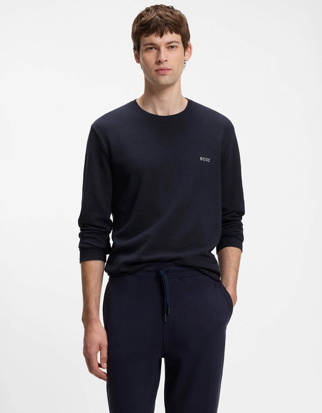 Boss Men's BOSS Orange Waffle Mens Ottoman pyjama T-Shirt with embroidered logo - Dark Blue 403 - Navy